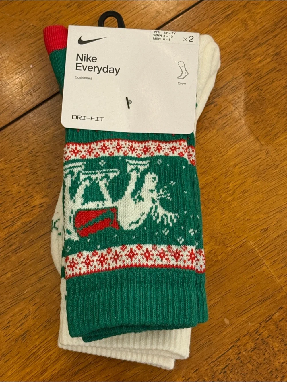 Nike Holiday Crew Socks - Green, White & Red Festive Pattern 7Y
